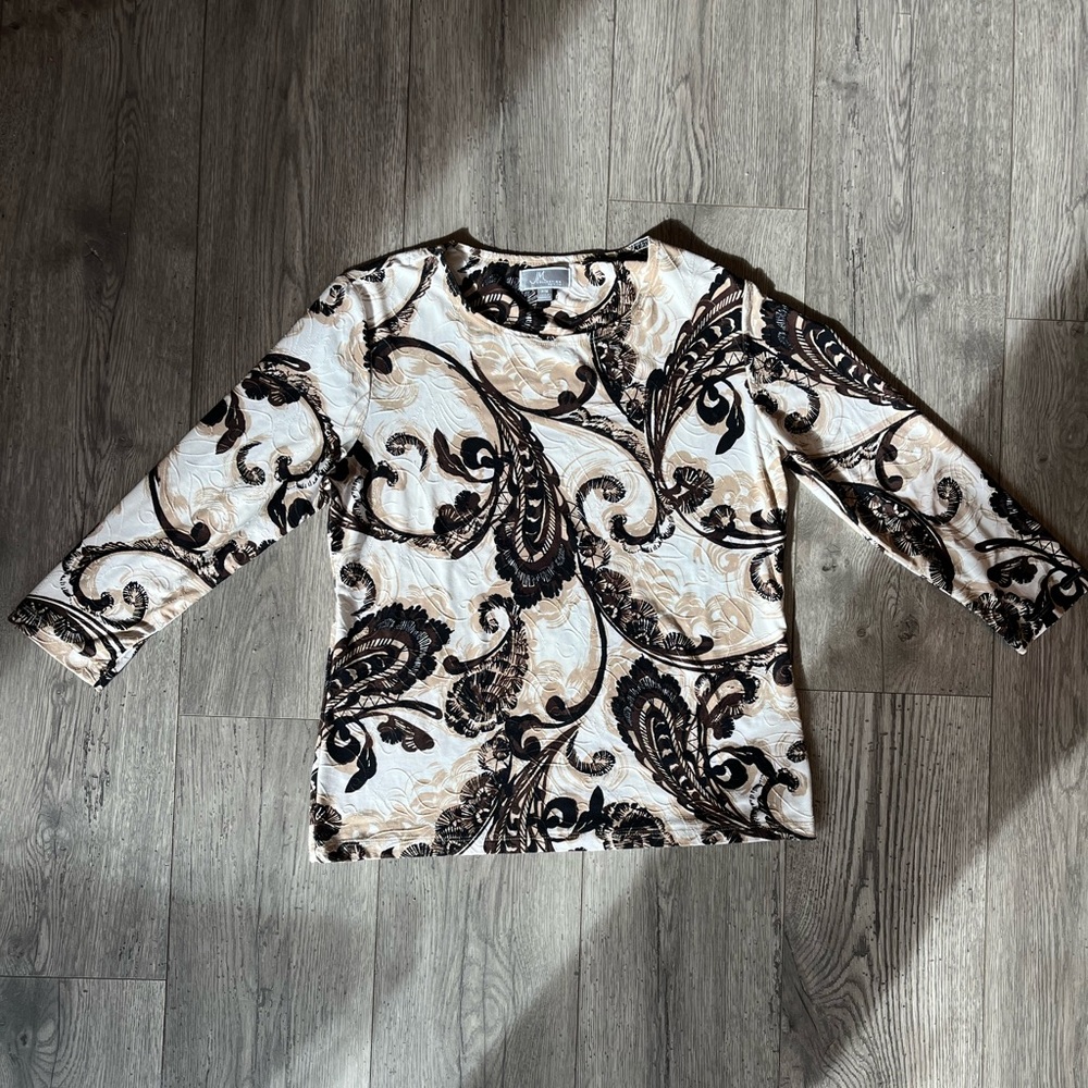 JM Collection Women’s Petite Medium Paisley Blouse Raised Detailing Brown Black